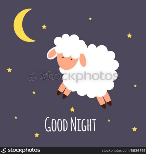Cute little sheep on the night sky. Good night. vector illustration. EPS10. Cute little sheep on the night sky. Good night. vector illustration