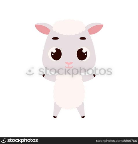 Cute little sheep on white background. Cartoon animal character for kids cards, baby shower, invitation, poster, t-shirt composition, house interior. Vector stock illustration