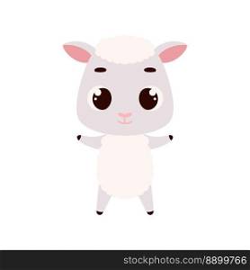 Cute little sheep on white background. Cartoon animal character for kids cards, baby shower, invitation, poster, t-shirt composition, house interior. Vector stock illustration
