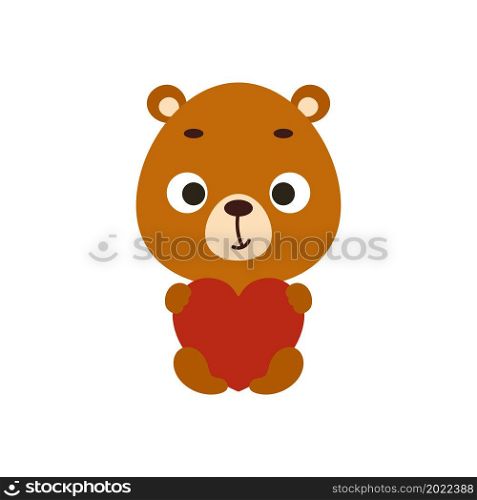 Cute little sitting bear keep hart on white background. Cartoon animal character for kids cards, baby shower, invitation, poster, t-shirt composition, house interior. Vector stock illustration.