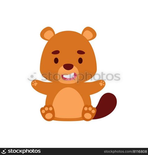 Cute little sitting beaver. Cartoon animal character design for kids t-shirts, nursery decoration, baby shower, greeting cards, invitations, bookmark, house interior. Vector stock illustration