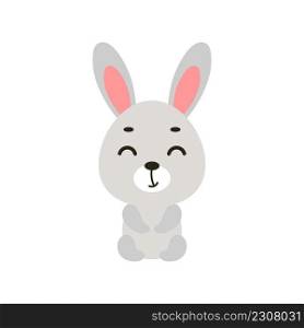 Cute little sitting bunny on white background. Cartoon animal character for kids cards, baby shower, invitation, poster, t-shirt composition, house interior. Vector stock illustration.