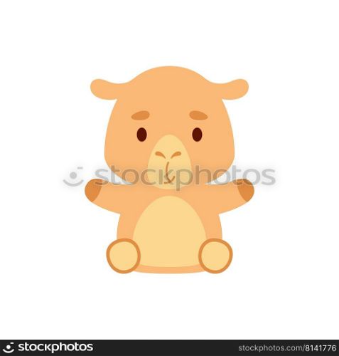 Cute little sitting camel. Cartoon animal character design for kids t-shirts, nursery decoration, baby shower, greeting cards, invitations, bookmark, house interior. Vector stock illustration