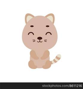 Cute little sitting cat on white background. Cartoon animal character for kids t-shirt, nursery decoration, baby shower, greeting card, house interior. Vector stock illustration