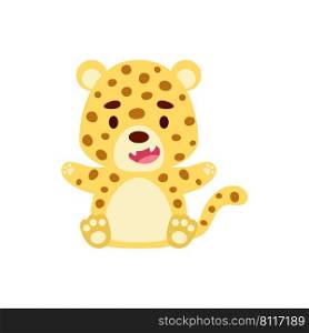 Cute little sitting cheetah. Cartoon animal character design for kids t-shirts, nursery decoration, baby shower, greeting cards, invitations, bookmark, house interior. Vector stock illustration