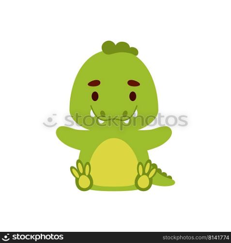 Cute little sitting crocodile. Cartoon animal character design for kids t-shirts, nursery decoration, baby shower, greeting cards, invitations, bookmark, house interior. Vector stock illustration