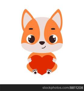 Cute little sitting dog holds heart. Cartoon animal character for kids cards, baby shower, invitation, poster, t-shirt composition, house interior. Vector stock illustration