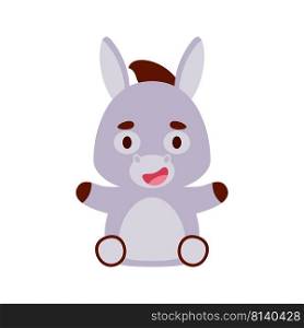 Cute little sitting donkey. Cartoon animal character design for kids t-shirts, nursery decoration, baby shower, greeting cards, invitations, bookmark, house interior. Vector stock illustration
