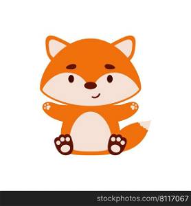 Cute little sitting fox. Cartoon animal character design for kids t-shirts, nursery decoration, baby shower, greeting cards, invitations, bookmark, house interior. Vector stock illustration