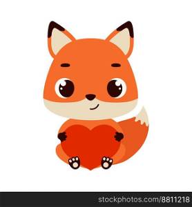 Cute little sitting fox holds heart. Cartoon animal character for kids cards, baby shower, invitation, poster, t-shirt composition, house interior. Vector stock illustration