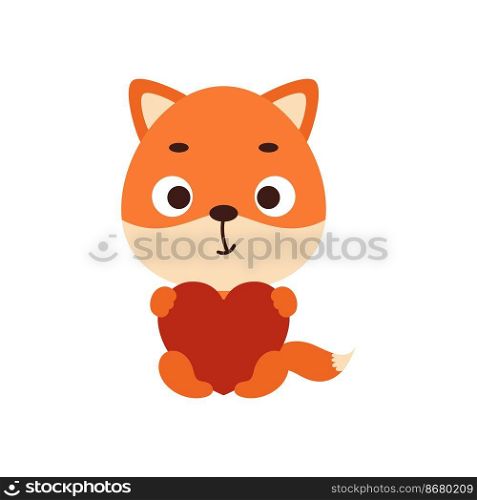 Cute little sitting fox holds heart on white background. Cartoon animal character for kids t-shirt, nursery decoration, baby shower, greeting card, house interior. Vector stock illustration