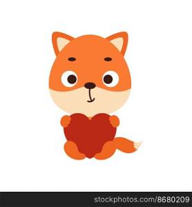 Cute little sitting fox holds heart on white background. Cartoon animal character for kids t-shirt, nursery decoration, baby shower, greeting card, house interior. Vector stock illustration