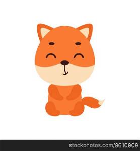 Cute little sitting fox on white background. Cartoon animal character for kids t-shirt, nursery decoration, baby shower, greeting card, house interior. Vector stock illustration