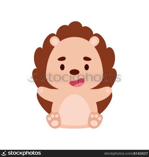 Cute little sitting hedgehog. Cartoon animal character design for kids t-shirts, nursery decoration, baby shower, greeting cards, invitations, bookmark, house interior. Vector stock illustration