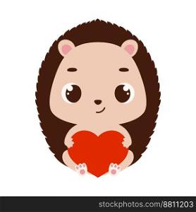 Cute little sitting hedgehog holds heart. Cartoon animal character for kids cards, baby shower, invitation, poster, t-shirt composition, house interior. Vector stock illustration