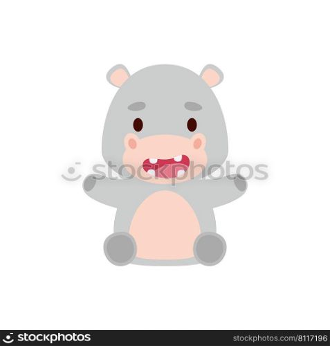 Cute little sitting hippo. Cartoon animal character design for kids t-shirts, nursery decoration, baby shower, greeting cards, invitations, bookmark, house interior. Vector stock illustration