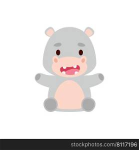 Cute little sitting hippo. Cartoon animal character design for kids t-shirts, nursery decoration, baby shower, greeting cards, invitations, bookmark, house interior. Vector stock illustration
