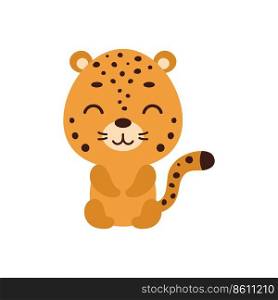 Cute little sitting jaguar on white background. Cartoon animal character for kids t-shirt, nursery decoration, baby shower, greeting card, house interior. Vector stock illustration