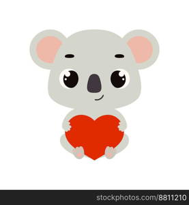 Cute little sitting koala holds heart. Cartoon animal character for kids cards, baby shower, invitation, poster, t-shirt composition, house interior. Vector stock illustration