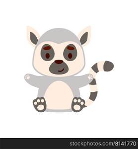 Cute little sitting lemur. Cartoon animal character design for kids t-shirts, nursery decoration, baby shower, greeting cards, invitations, bookmark, house interior. Vector stock illustration