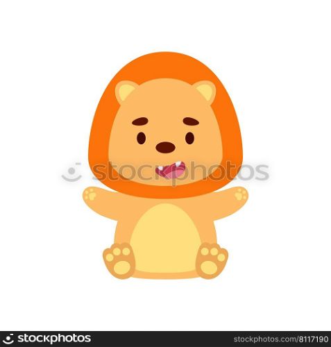 Cute little sitting lion. Cartoon animal character design for kids t-shirts, nursery decoration, baby shower, greeting cards, invitations, bookmark, house interior. Vector stock illustration