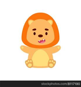 Cute little sitting lion. Cartoon animal character design for kids t-shirts, nursery decoration, baby shower, greeting cards, invitations, bookmark, house interior. Vector stock illustration
