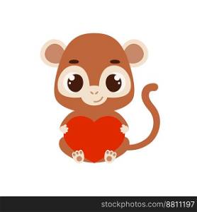 Cute little sitting monkey holds heart. Cartoon animal character for kids cards, baby shower, invitation, poster, t-shirt composition, house interior. Vector stock illustration