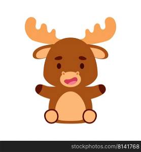 Cute little sitting moose. Cartoon animal character design for kids t-shirts, nursery decoration, baby shower, greeting cards, invitations, bookmark, house interior. Vector stock illustration