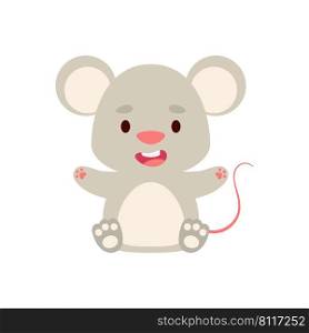 Cute little sitting mouse. Cartoon animal character design for kids t-shirts, nursery decoration, baby shower, greeting cards, invitations, bookmark, house interior. Vector stock illustration