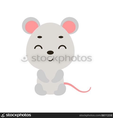 Cute little sitting mouse on white background. Cartoon animal character for kids t-shirt, nursery decoration, baby shower, greeting card, house interior. Vector stock illustration