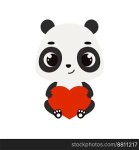 Cute little sitting panda holds heart. Cartoon animal character for kids cards, baby shower, invitation, poster, t-shirt composition, house interior. Vector stock illustration