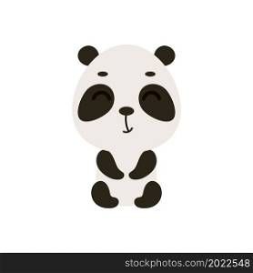 Cute little sitting panda on white background. Cartoon animal character for kids cards, baby shower, invitation, poster, t-shirt composition, house interior. Vector stock illustration.