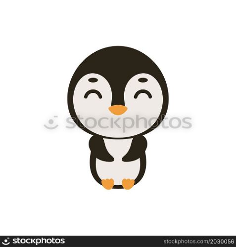 Cute little sitting penguin on white background. Cartoon animal character for kids cards, baby shower, invitation, poster, t-shirt composition, house interior. Vector stock illustration.