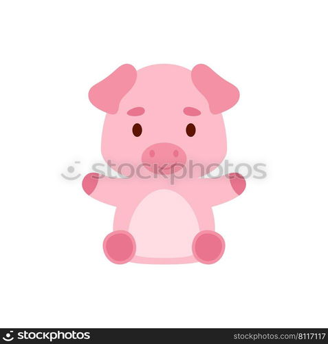 Cute little sitting pig. Cartoon animal character design for kids t-shirts, nursery decoration, baby shower, greeting cards, invitations, bookmark, house interior. Vector stock illustration