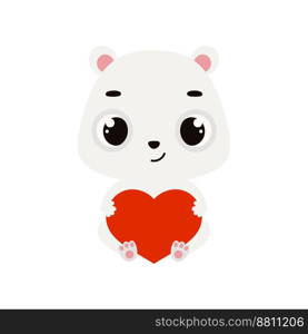 Cute little sitting polar bear holds heart. Cartoon animal character for kids cards, baby shower, invitation, poster, t-shirt composition, house interior. Vector stock illustration