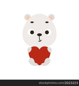 Cute little sitting polar bear keep hart on white background. Cartoon animal character for kids cards, baby shower, invitation, poster, t-shirt composition, house interior. Vector stock illustration.