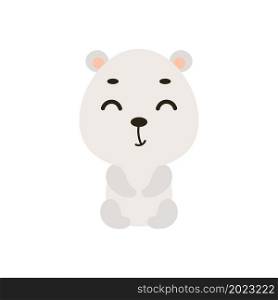 Cute little sitting polar bear on white background. Cartoon animal character for kids cards, baby shower, invitation, poster, t-shirt composition, house interior. Vector stock illustration.