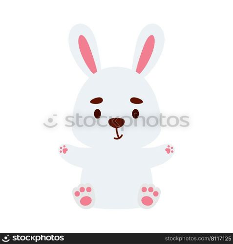 Cute little sitting rabbit. Cartoon animal character design for kids t-shirts, nursery decoration, baby shower, greeting cards, invitations, bookmark, house interior. Vector stock illustration