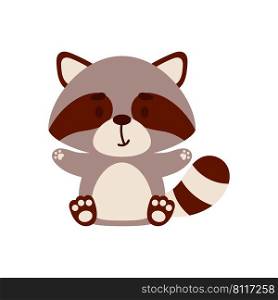 Cute little sitting raccoon. Cartoon animal character design for kids t-shirts, nursery decoration, baby shower, greeting cards, invitations, bookmark, house interior. Vector stock illustration