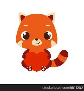 Cute little sitting red panda holds heart. Cartoon animal character for kids cards, baby shower, invitation, poster, t-shirt composition, house interior. Vector stock illustration