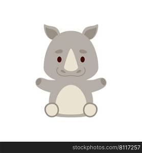 Cute little sitting rhino. Cartoon animal character design for kids t-shirts, nursery decoration, baby shower, greeting cards, invitations, bookmark, house interior. Vector stock illustration