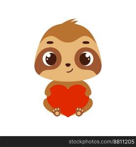 Cute little sitting sloth holds heart. Cartoon animal character for kids cards, baby shower, invitation, poster, t-shirt composition, house interior. Vector stock illustration