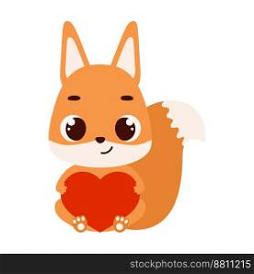 Cute little sitting squirrel holds heart. Cartoon animal character for kids cards, baby shower, invitation, poster, t-shirt composition, house interior. Vector stock illustration