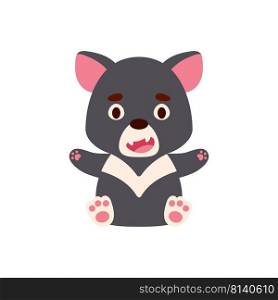 Cute little sitting Tasmanian devil. Cartoon animal character design for kid t-shirts, nursery decoration, baby shower, greeting cards, invitations, bookmark, house interior. Vector stock illustration