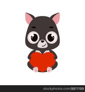 Cute little sitting Tasmanian devil holds heart. Cartoon animal character for kids cards, baby shower, invitation, poster, t-shirt composition, house interior. Vector stock illustration