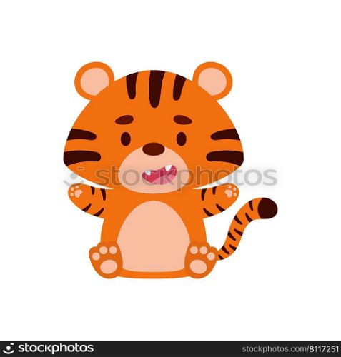 Cute little sitting tiger. Cartoon animal character design for kids t-shirts, nursery decoration, baby shower, greeting cards, invitations, bookmark, house interior. Vector stock illustration