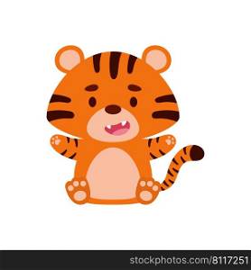 Cute little sitting tiger. Cartoon animal character design for kids t-shirts, nursery decoration, baby shower, greeting cards, invitations, bookmark, house interior. Vector stock illustration