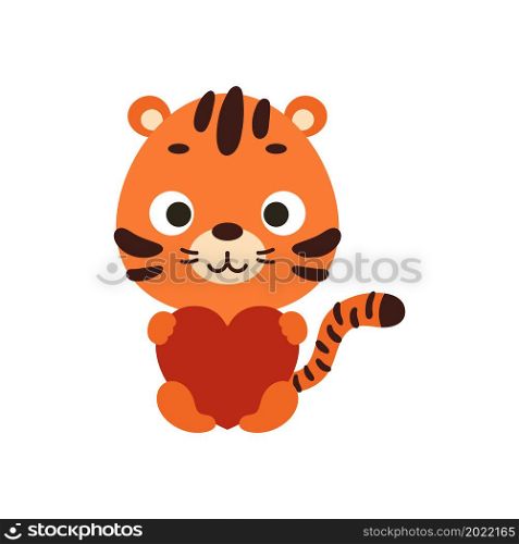 Cute little sitting tiger keep hart on white background. Cartoon animal character for kids cards, baby shower, invitation, poster, t-shirt composition, house interior. Vector stock illustration.