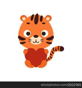 Cute little sitting tiger keep hart on white background. Cartoon animal character for kids cards, baby shower, invitation, poster, t-shirt composition, house interior. Vector stock illustration.