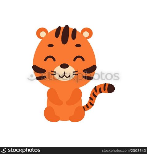 Cute little sitting tiger on white background. Cartoon animal character for kids cards, baby shower, invitation, poster, t-shirt composition, house interior. Vector stock illustration.